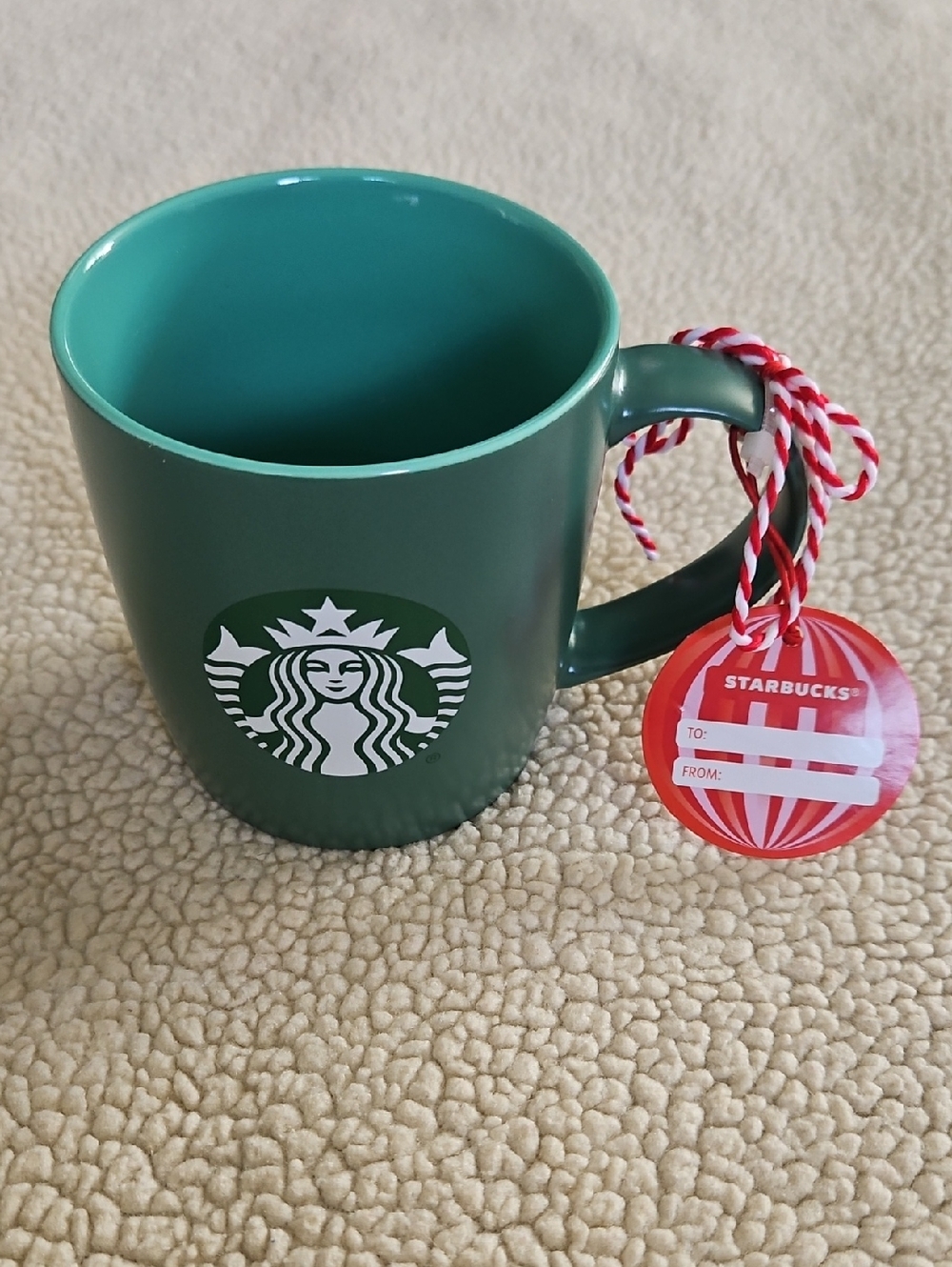 Starbucks Dark Green Ceramic Mug with White Logo and Red Gift Tag